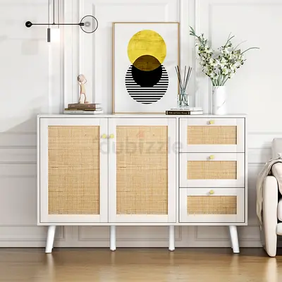 White Sideboard Cabinet with Rattan Front Panels