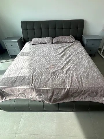 King size upholstered bed frame with padded headboard (dark grey) with mattress and side tables avai