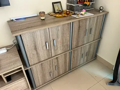 Wooden Storage Cabinet with 4 Double-Door Compartments — Good Condition