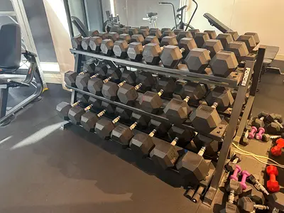 Force USA set Dumbbell Set with 3-Tier Rack — Various Weights, Good Condition