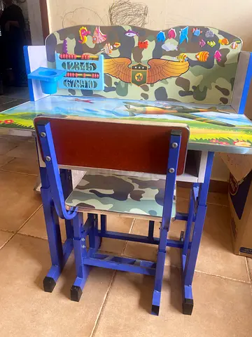 Kids study desk and chair set - blue wooden adjustable