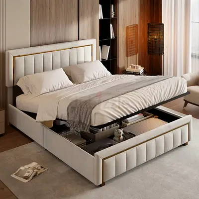 Modern Upholstered Storage Bed with Lift-Up Frame - King Size