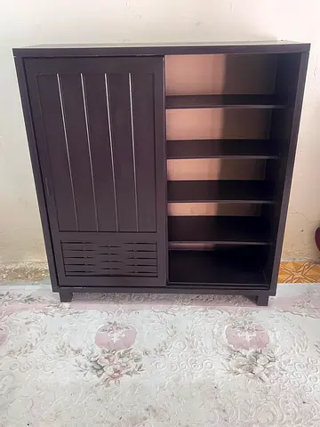 Dark Wood Multi-Shelf Cabinet with Sliding Door - Good Condition
