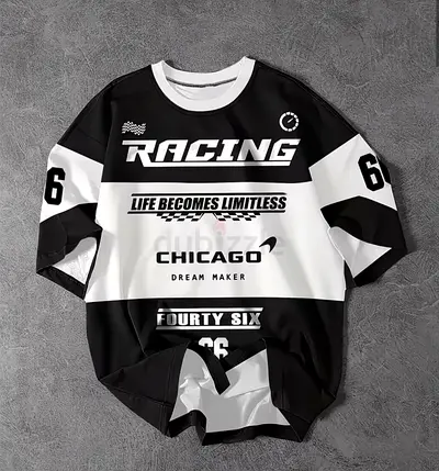 Black  White Racing Graphic T‑Shirt — Size Approx L