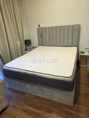King Size Grey Velvet Bed + Spring Mattress — JVC