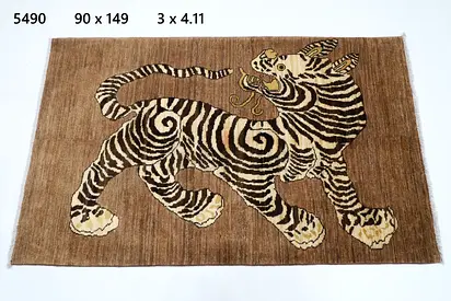 Wall hanging door mat Afghan Handmade Brown Rug with Tiger Motif — 90 x 149 cm