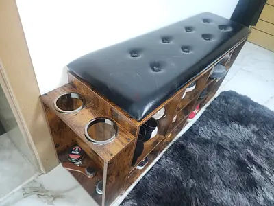 Wooden Shoe Rack Bench with Padded Seat and Cup Holders - Good Condition