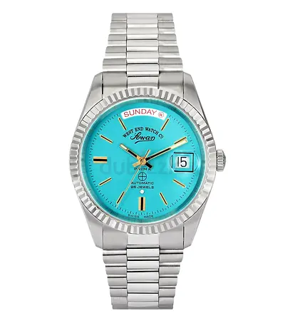 Mens Automatic Stainless Steel Watch with Turquoise Dial - Day/Date
