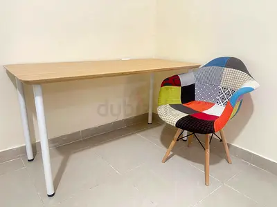 Wooden Study Table with Colorful Patchwork Accent Chair - Good Condition