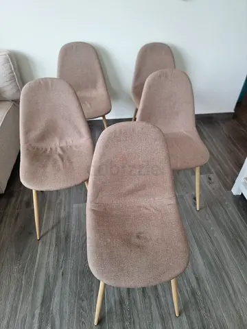 Set of 5 Light Brown Fabric Dining Chairs with Wooden Legs