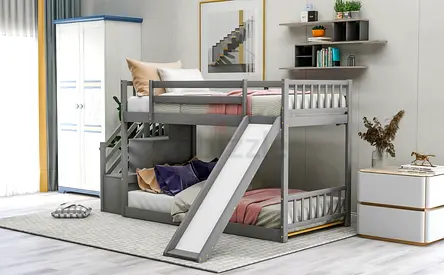 Grey wooden bunk bed with slide — kids double loft bed