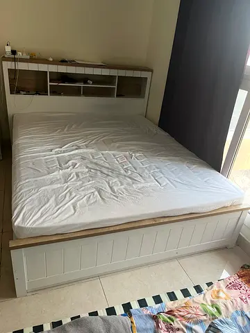 White double bed frame with headboard  storage shelves,good in condition well maintained as new