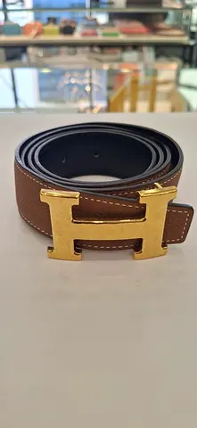 Brown Leather Belt with Gold H Buckle — Preowned