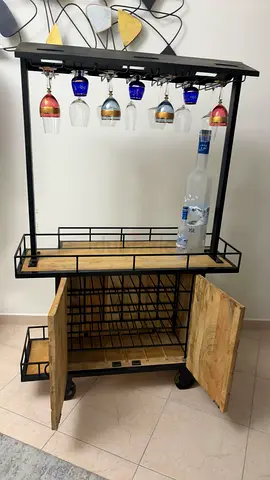 Industrial Wooden Rolling Bar Cart with Overhead Glass Rack and Stool