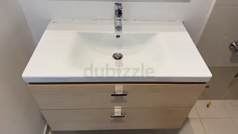 Wall-mounted bathroom vanity with ceramic sink and double drawers-85CM with built in Drawer.