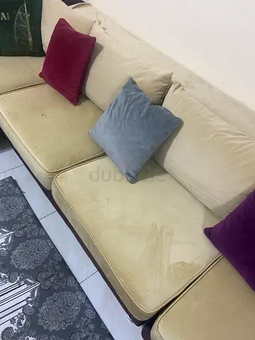 L shape Beig velvet sofa for Living room in Good Condition