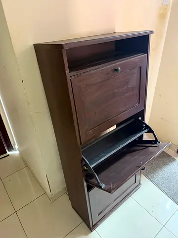 Wooden Shoe Rack with Cabinet - Dark Brown, Compact