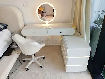 White Modern Vanity Desk with LED Mirror and Storage Drawers