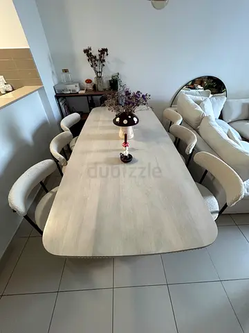 Solid wood dining table with 6 upholstered chairs - light oak finish