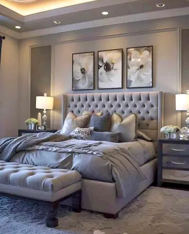 Gray Tufted King Size Bed Frame with Headboard and Bench