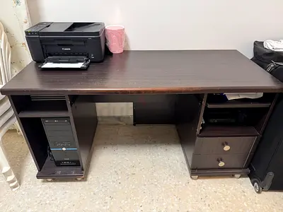 Dark Wood Computer Desk with Drawers and CPU Shelf - Good Condition