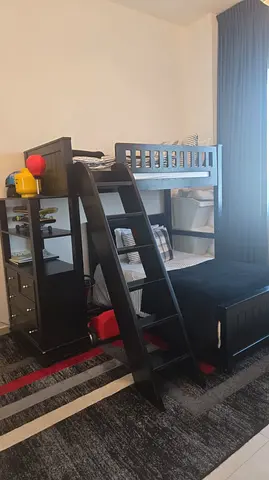 Black Wooden Loft Bunk Bed with Storage and Pull-Out Trundle with matresses