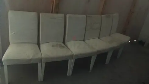 Set of 6 Beige Upholstered Dining Chairs — Used, with Stains