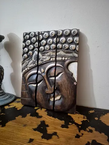 wooden three panel carved buddha