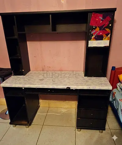 Dark Wood Study Desk with Overhead Shelves and Drawers - Used