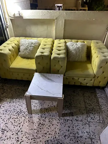 Pair of Yellow Velvet Chesterfield Armchairs with Side Table