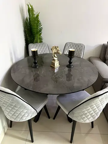 Round Grey Marble-Effect Dining Table with 4 Quilted Chairs