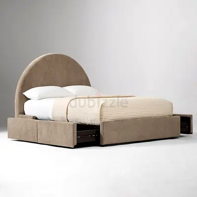 Upholstered Platform Bed with Storage Drawers — King Size, Neutral Beige