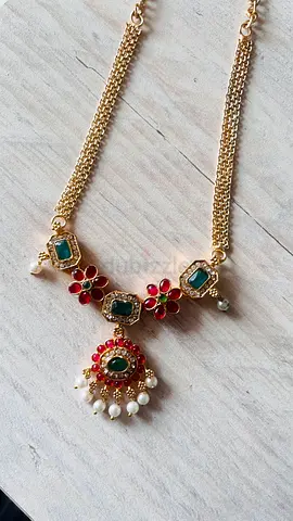 Gold-tone Necklace with Green Stones, Red Enamel Flowers and Pearl Drops