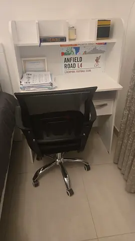 Compact white study desk with hutch and drawers and chair