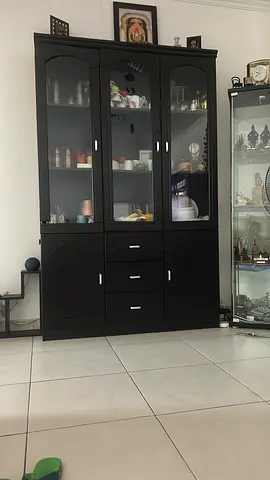 Large Black Wooden Display Cabinet with Glass Doors and Drawers