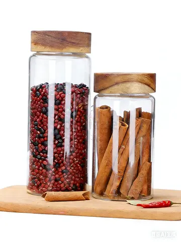 Set of 2 Glass Kitchen Storage Jars with Wooden Lids