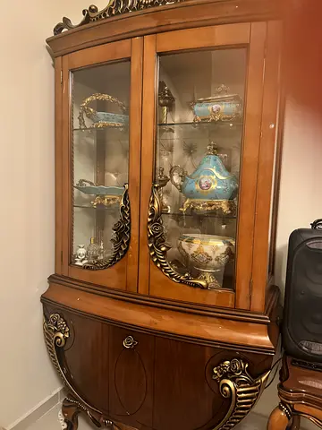 Wooden Glass Display Cabinet with Ornate Gold Trim - Good Condition
