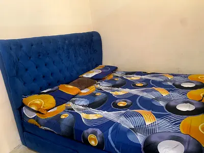 Blue Velvet Tufted Double Bed with Mattress — Good Condition