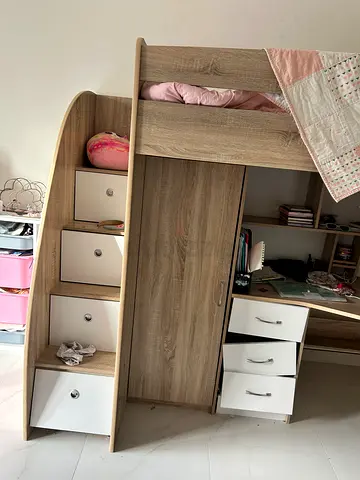 Wooden Childrens Loft Bed with Built-in Shelves and Drawers - Light Oak