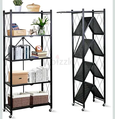 Foldable 5-Tier Metal Bookshelf with Wheels — Black, Compact  Mobile