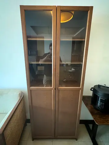 Tall Wooden Display Cabinet with Glass Doors - Oak Finish - going cheap for quick house move