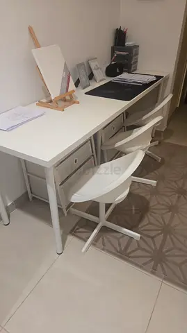 IKEA white study table with three swivel stools - good condition