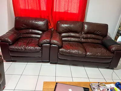 Dark Brown Leather 3-Seater Sofa + Armchair Set - Comfortable, Used
