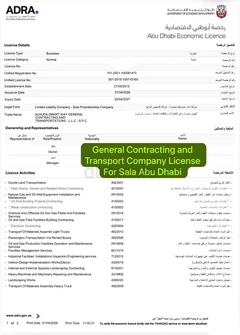 Active General Contracting and Transport Company for Sale in Abu Dhabi 11 years Old Company