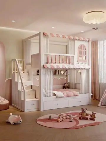 White and Pink Princess Bunk Bed with Stairs and Storage — Like New