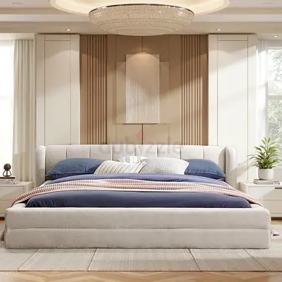 Brand New upholstered platform bed with headboard — light grey