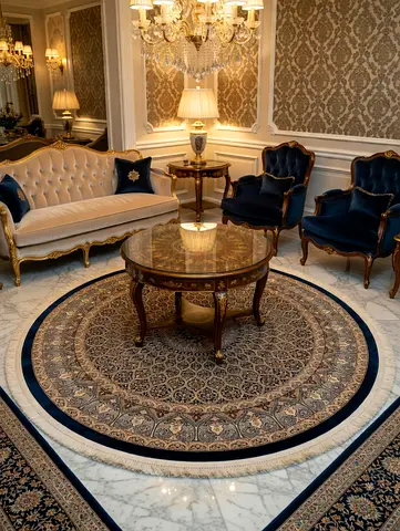 Round 200x200cm  Persian-style pure silk  Rug — Blue  Beige, Excellent Condition