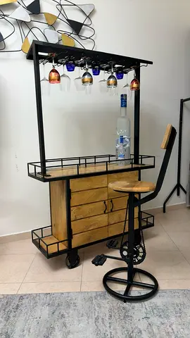 Industrial Wooden Rolling Bar Cart with Overhead Glass Rack and Stool