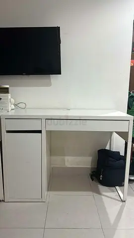 Simple white study desk with storage cabinet - good condition
