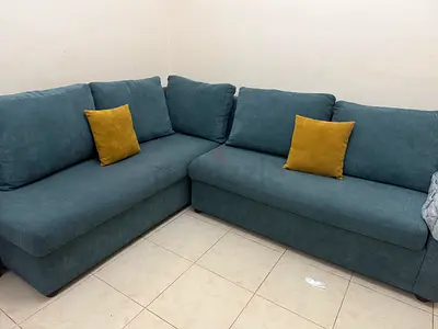L-shaped teal fabric corner sofa - 3-seater + chaise, good condition